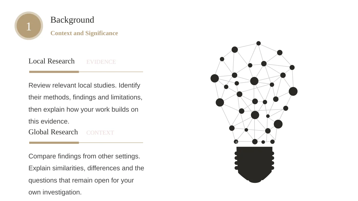 Slide 5: Local Research and Global Research notes sit beside an editable lightbulb diagram made from connected nodes and shapes.