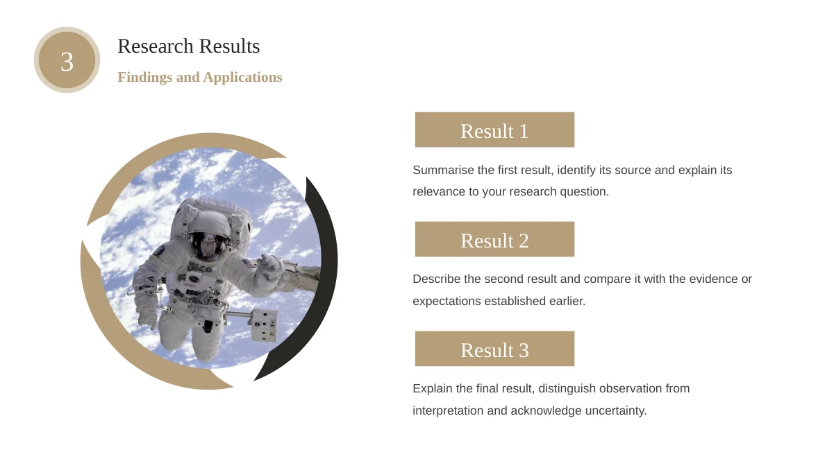 Slide 13: An astronaut photograph in a circular frame accompanies Result 1, Result 2 and Result 3, each with an editable explanation.