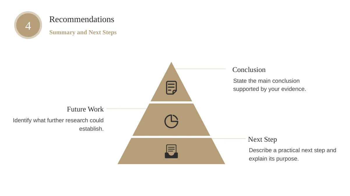Slide 17: A three-level pyramid with document and chart icons connects to Conclusion, Future Work and Next Step notes.
