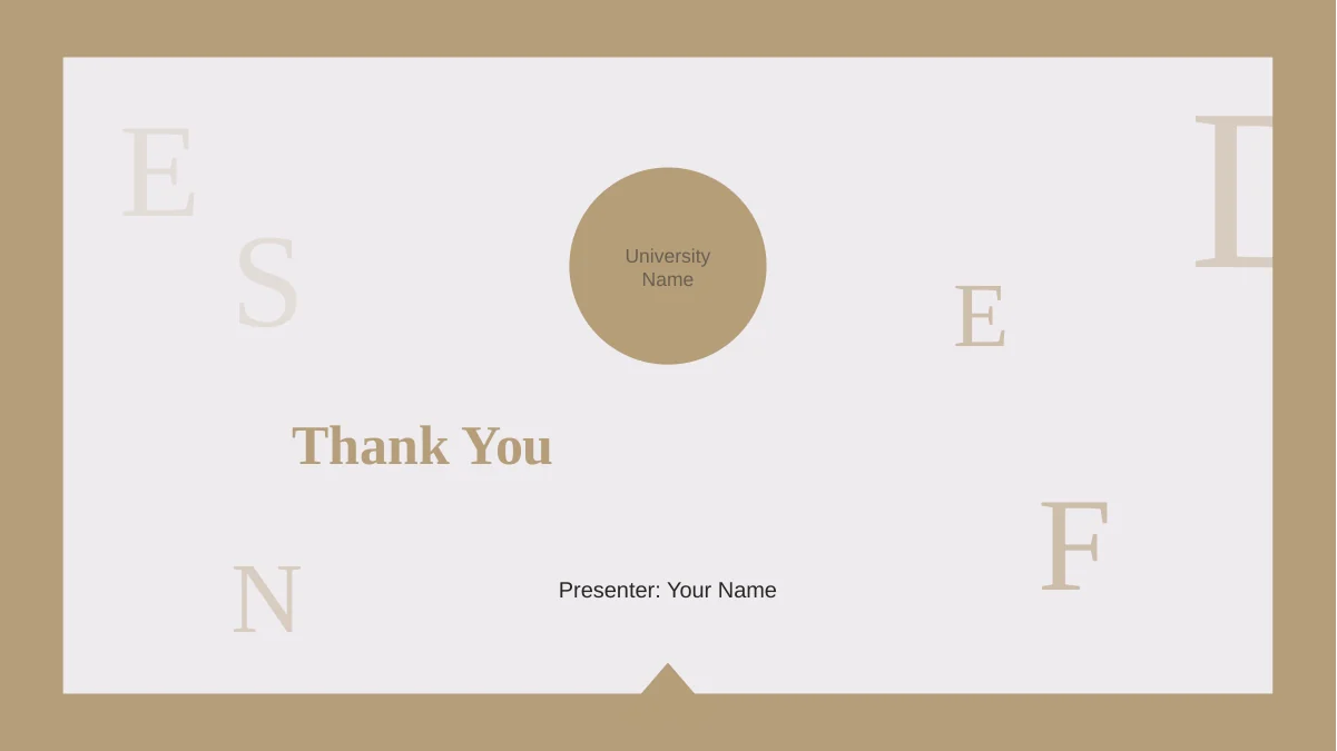 Slide 19: Thank You returns to the sand-framed cover style, with editable University Name and Presenter: Your Name fields.
