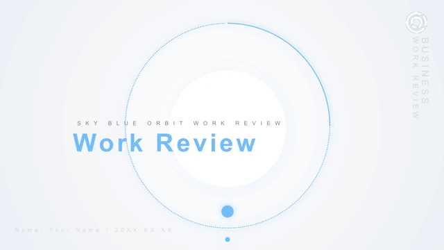 Modèle de présentation Bilan aux orbites bleu ciel: 1. Une orbite bleu pâle en pointillés et trait continu entoure un disque blanc, avec un titre de bilan en anglais, des points bleus, des champs nom/date modifiables et l’emblème blanc d’origine.