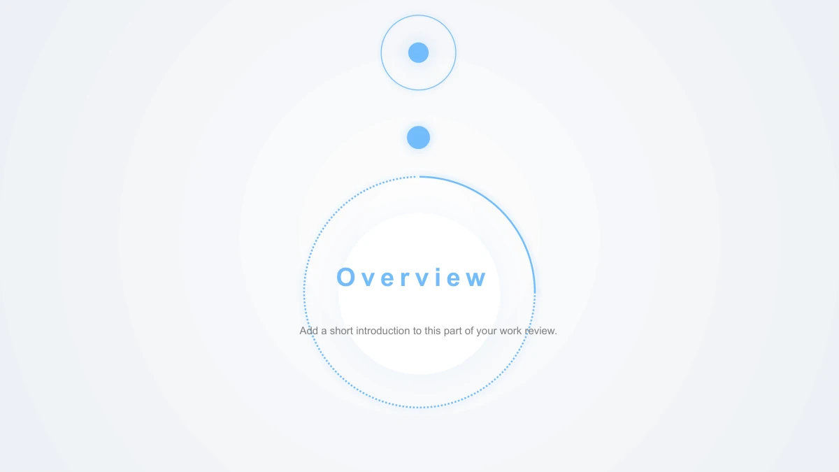 Modèle de présentation Bilan aux orbites bleu ciel: 3. Des cercles bleus et de petits points entourent un titre de vue d’ensemble en anglais et une courte consigne d’introduction.
