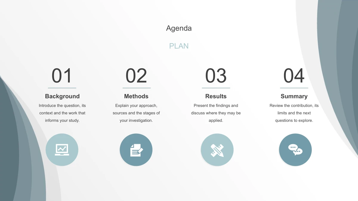 Slide 2: Four numbered columns introduce Background, Methods, Results and Summary. Small circular icons sit below the brief chapter descriptions.