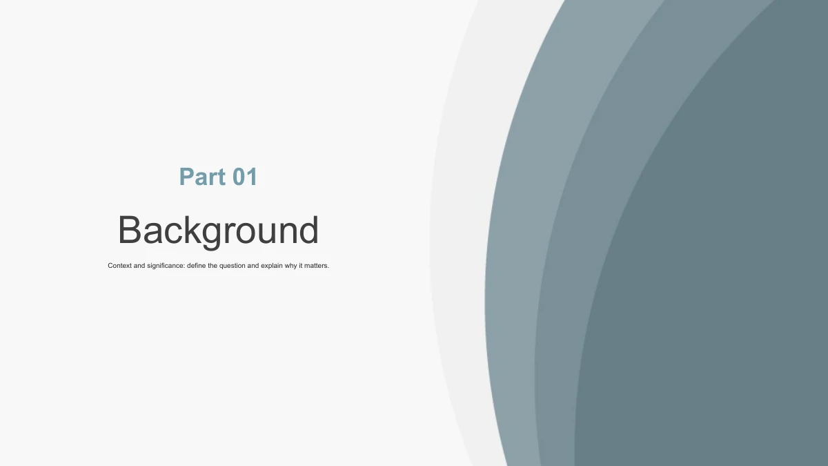 Slide 3: Part 01 and Background sit on the white left side. Broad layered slate curves fill the right side beside a short context and significance prompt.