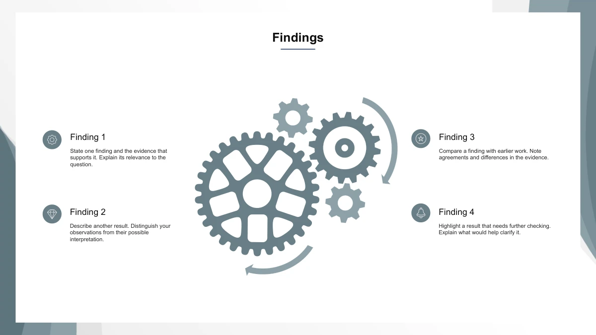 Slide 10: Several interlocking gears fill the middle of the page. Four icon-led notes for Finding 1 through Finding 4 flank the central diagram.