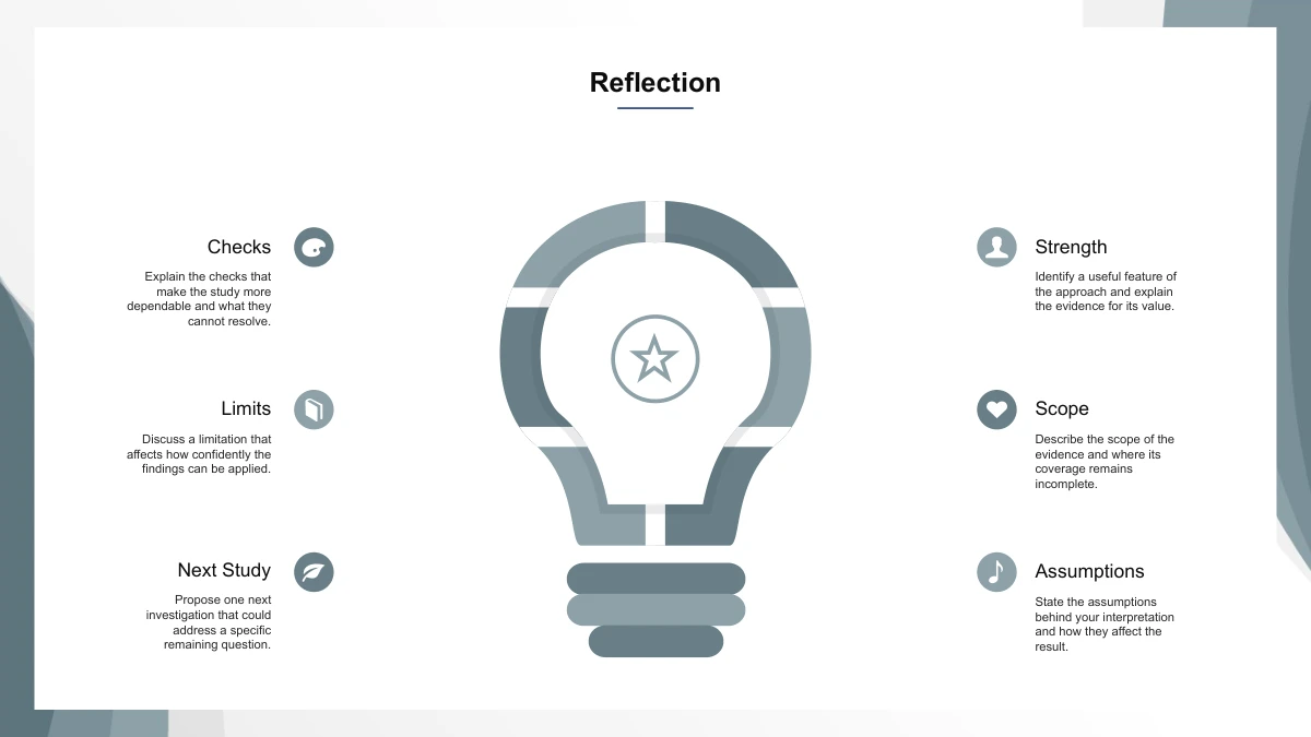 Slide 13: A large segmented lightbulb with a star center anchors six notes. Strength, Scope and Assumptions face Checks, Limits and Next Study across the diagram.