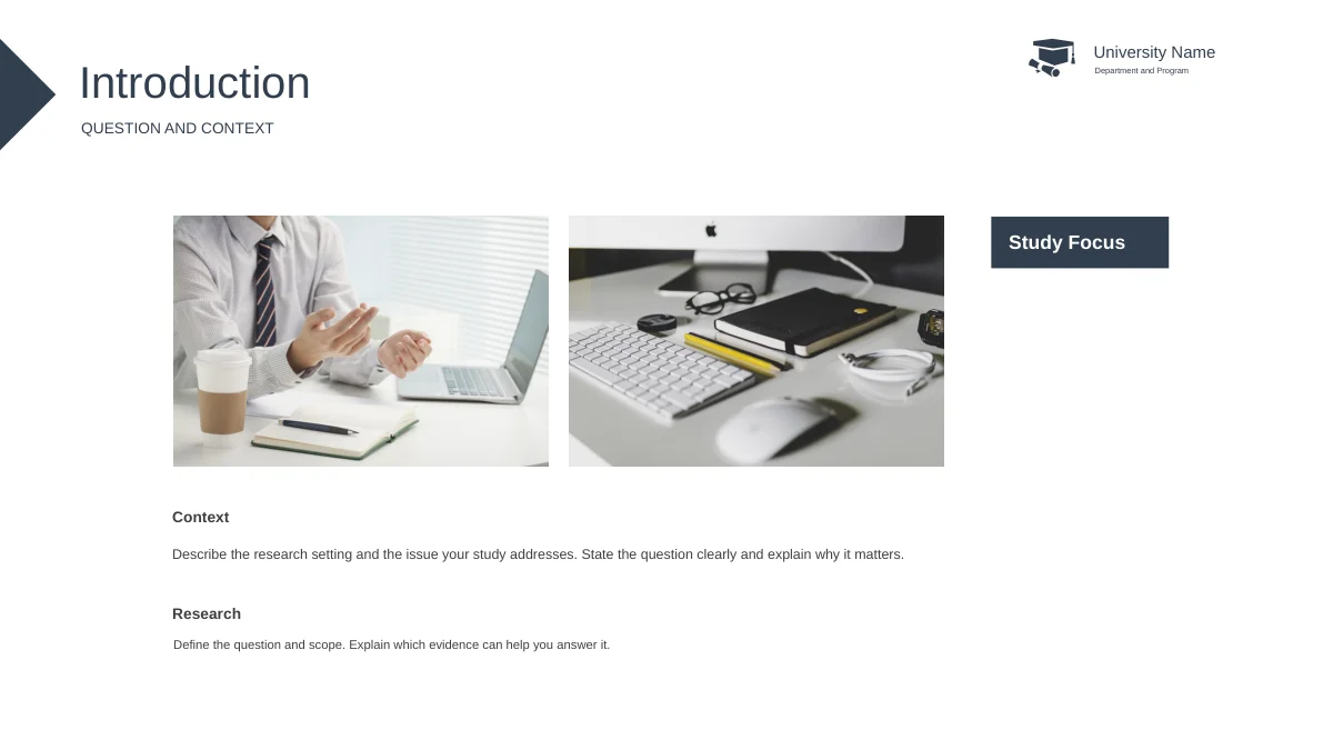 Two retained office photographs show a conversation at a desk and a computer workspace beside a Study Focus label.