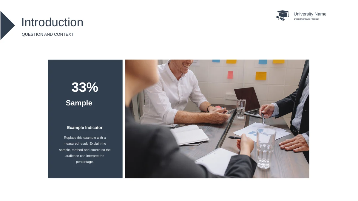 A large meeting photograph sits beside a slate panel showing a manual 33% example.
