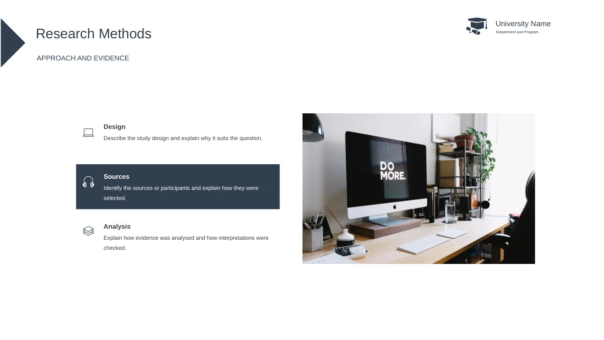 Three short notes with small icons sit beside a desk photograph whose monitor reads DO MORE.