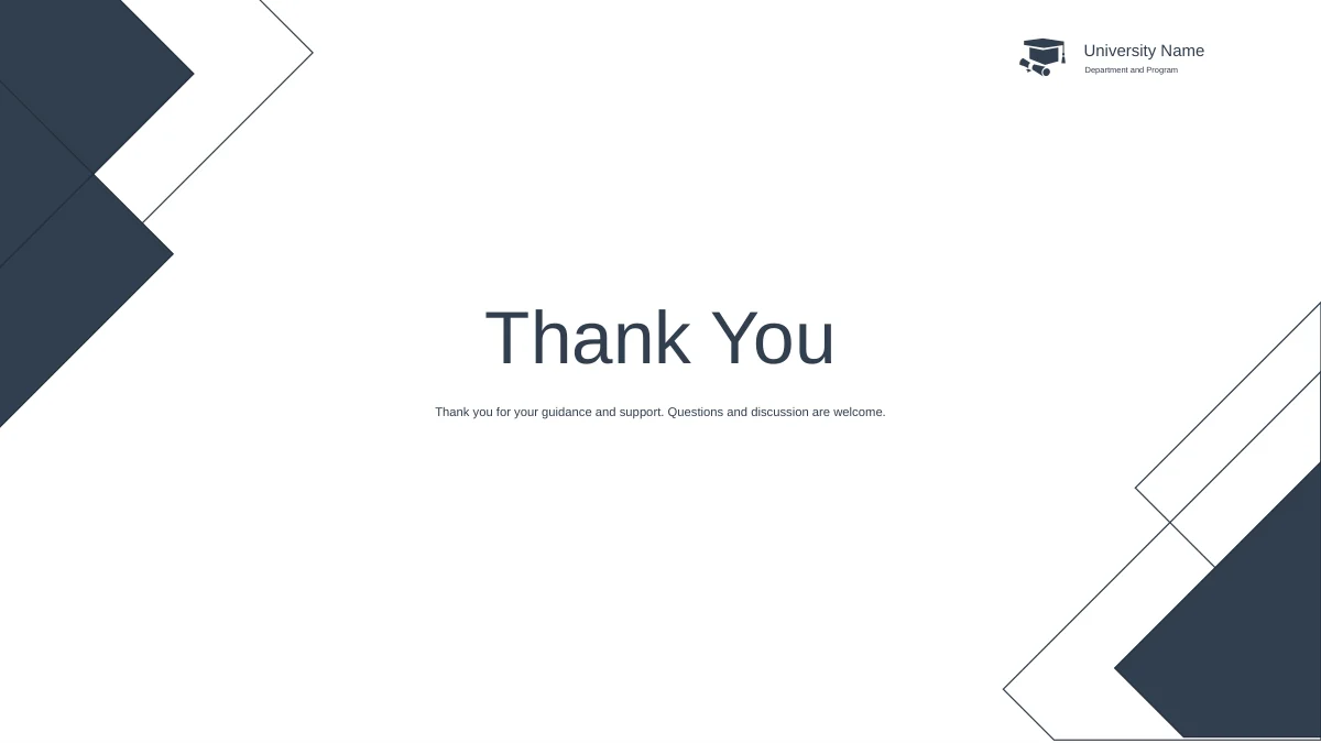 A large Thank You heading appears between slate angular corners with university and department fields above.