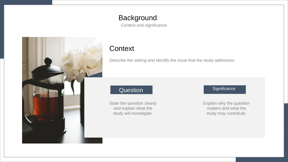 Slide 4: A coffee press and white flowers appear beside a Context heading and two editable text areas labelled Question and Significance.