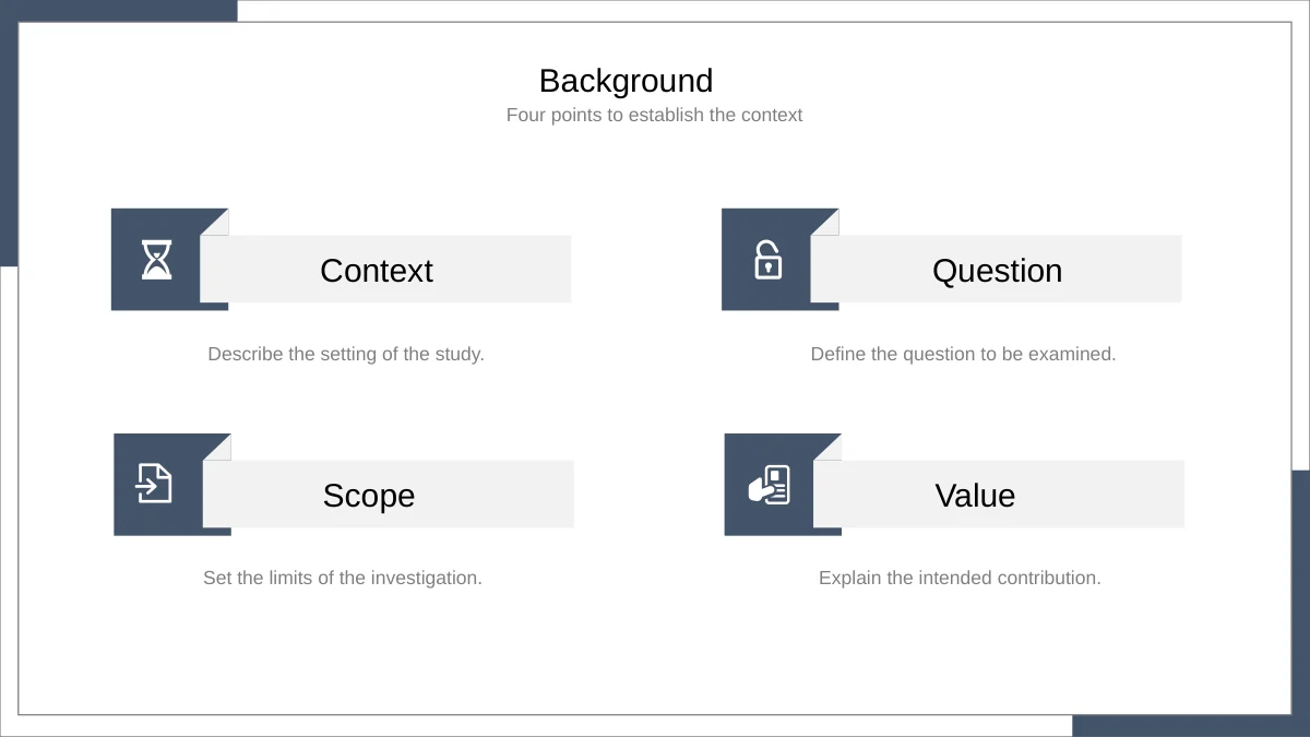 Slide 5: Four native icons accompany Context, Question, Scope and Value, with editable explanations inside the framed layout.