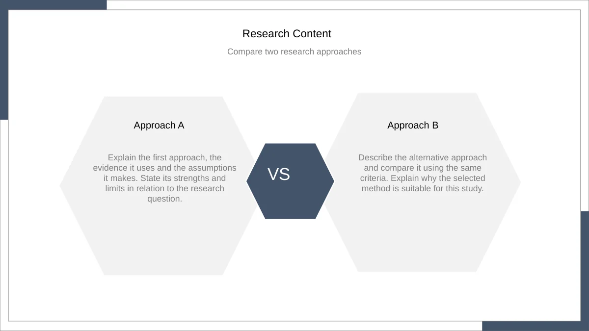 Slide 7: Two pale hexagon panels hold approach notes on either side of a smaller dark hexagon marked VS.