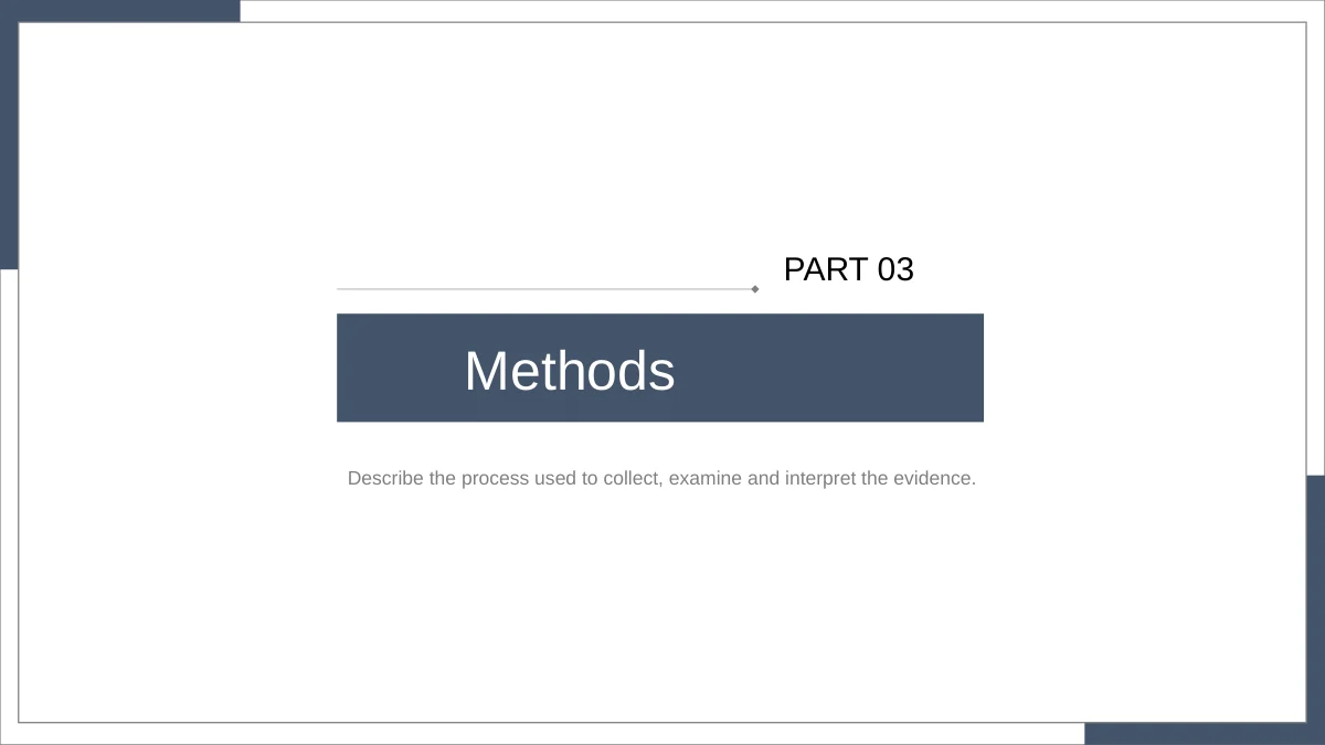 Slide 9: PART 03 and Methods introduce the third chapter on the white background within the slate blue frame.