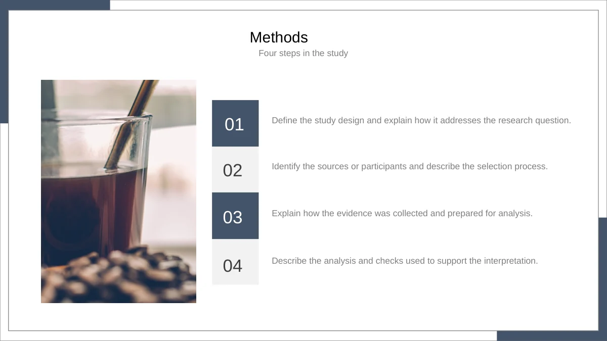 Slide 10: A coffee-glass photograph sits beside four numbered method statements, providing space for a concise explanation of the research approach.