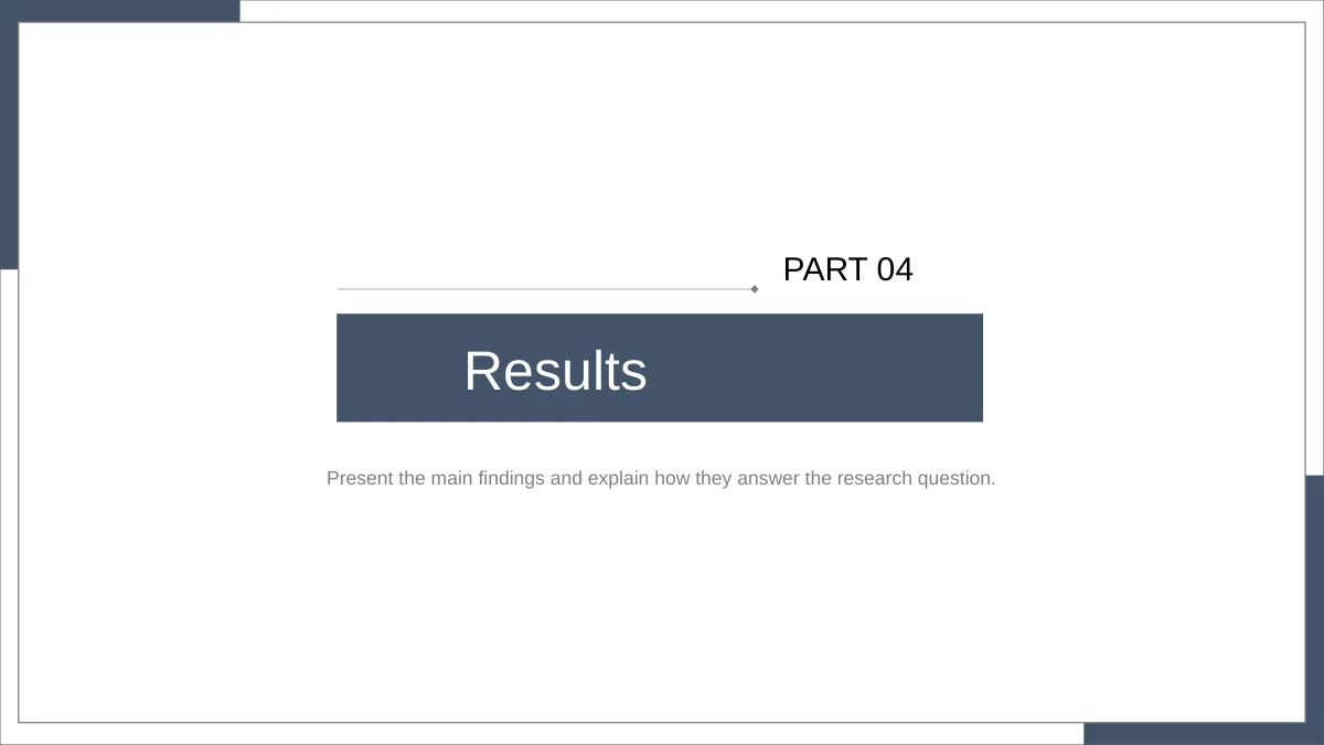 Slide 12: PART 04 and Results open the final research chapter, retaining the slate blue corners and fine rectangular outline.