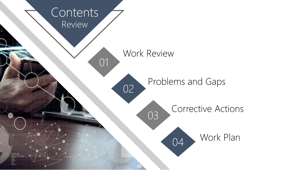 Slate Diamond Business Review Presentation Template: Four Review Topics on slide 2