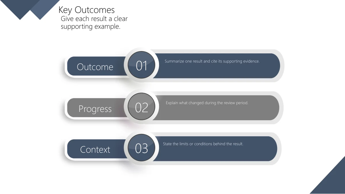 Slate Diamond Business Review Presentation Template: Three Key Outcomes on slide 6