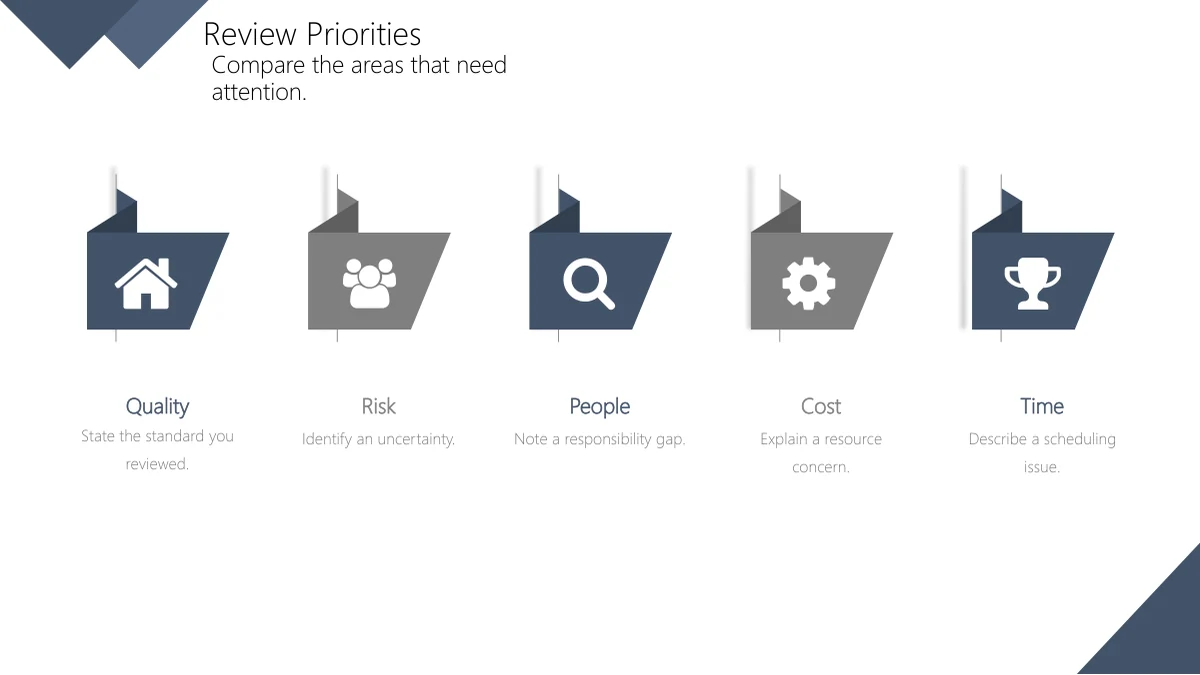 Slate Diamond Business Review Presentation Template: Five Review Priorities on slide 7