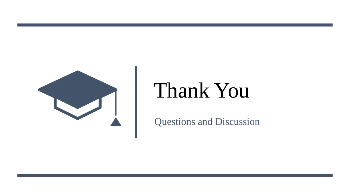 Slide 14: A graduation cap and vertical divider accompany the serif Thank You heading and Questions and Discussion line between slate horizontal rules.