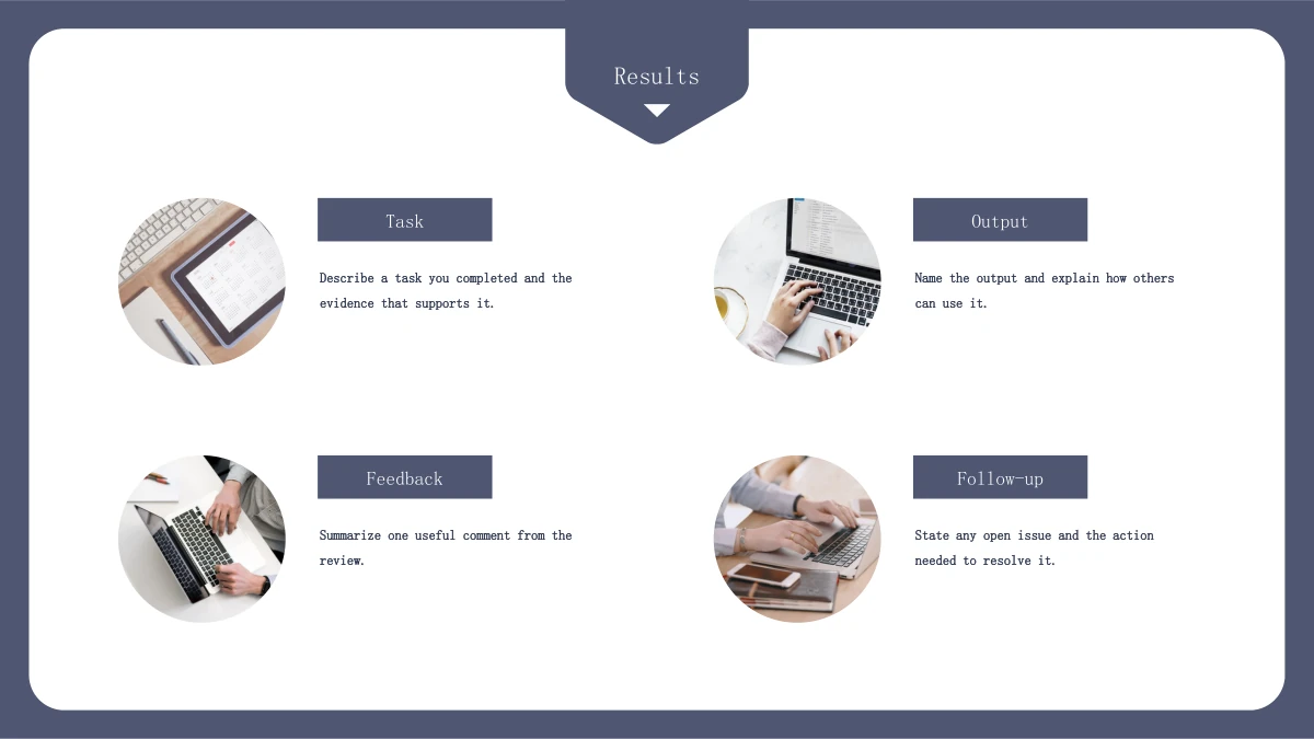 Modèle de présentation Bilan de travail en hexagones ardoise, diapositive 10: Quatre photos de bureau circulaires accompagnent des étiquettes et des notes sur les tâches et les suites.