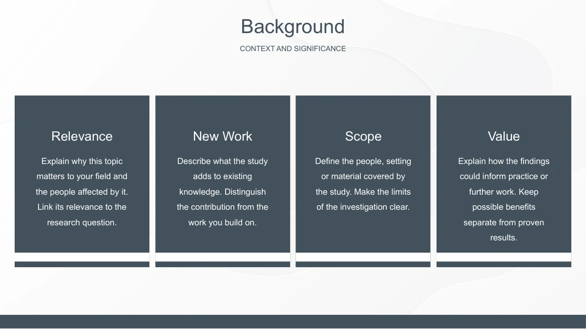 Slide 5: Four cards labelled Relevance, New Work, Scope and Value organise short explanations of the study’s significance.