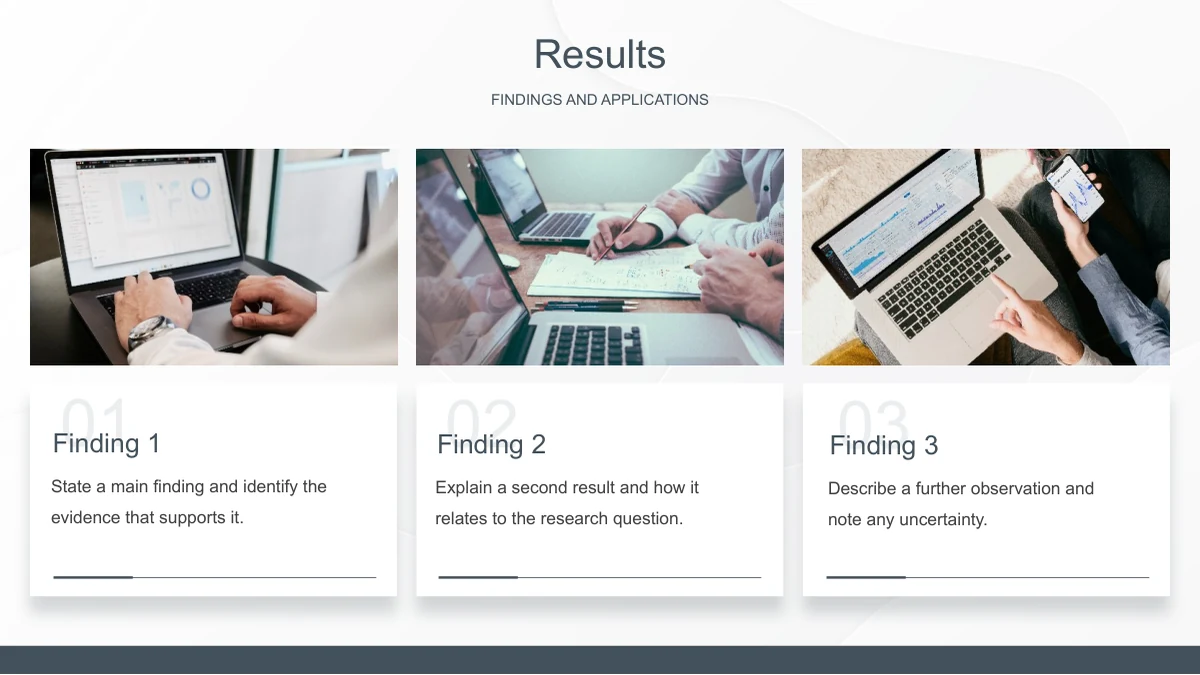Slide 12: Three photo cards labelled Finding 1, Finding 2 and Finding 3 provide editable areas for individual research results.