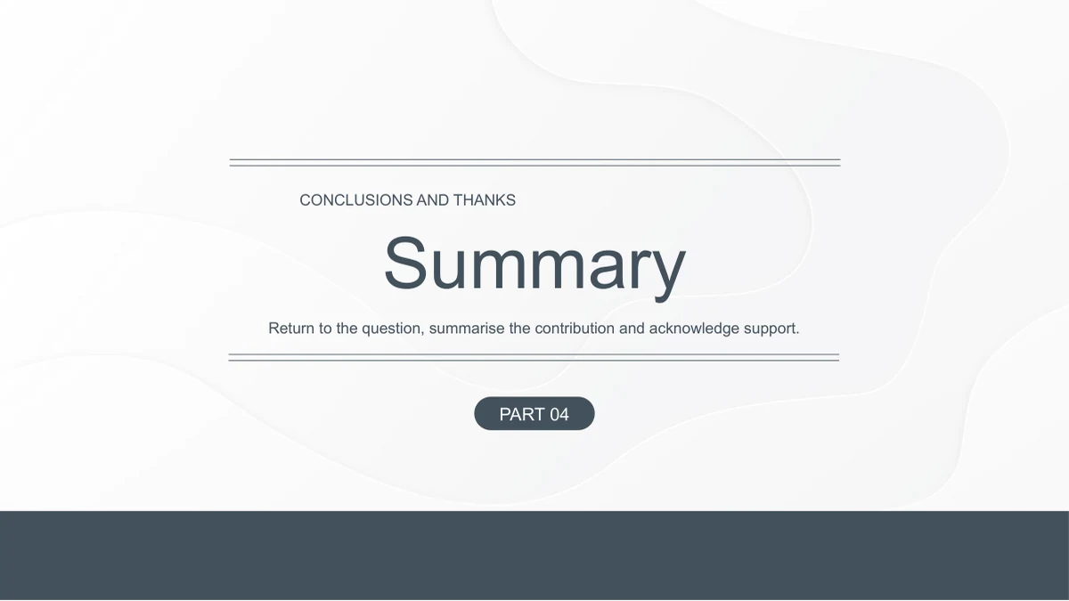 Slide 14: Summary introduces the final chapter within the consistent paper-layer design and slate blue lower edge.