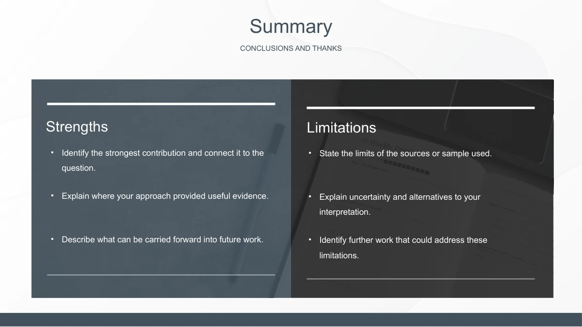 Slide 15: Two shaded columns over a planner photograph present Strengths and Limitations, each with three editable points for a balanced review of the study.