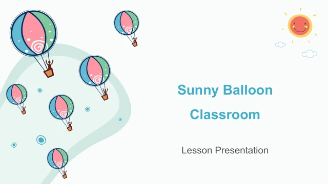 Belon udara panas kartun, matahari tersenyum dan awan membingkai tajuk Inggeris Kelas Ceria Belon Udara serta subtajuk pembentangan pelajaran.