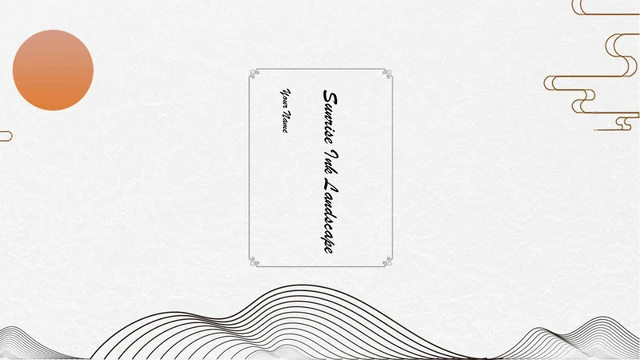 Capa de Modelo de apresentação Paisagem de tinta ao amanhecer com letras giradas em moldura vertical, sol laranja e linhas pretas sobre papel.
