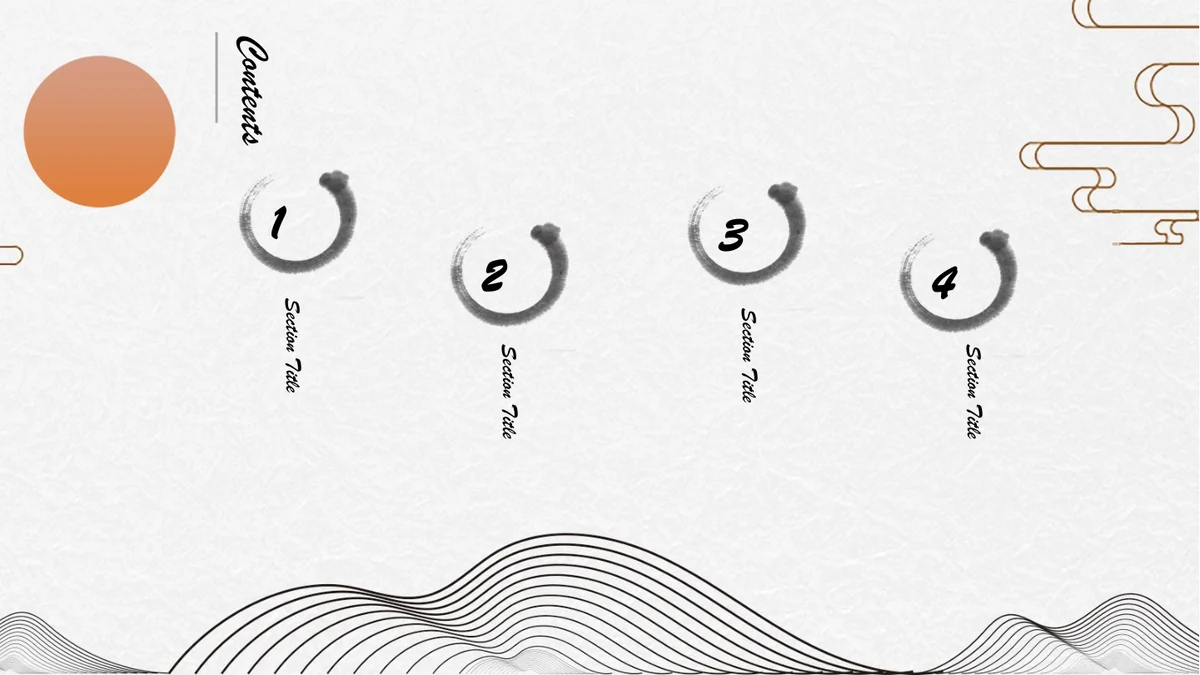 일출 수묵 풍경 프레젠테이션 템플릿 — 슬라이드 2: Contents가 세로 선 옆에 있습니다. 1–4 붓 고리가 높이를 달리해 배치되고 아래에는 회전한 Section Title이 있습니다.