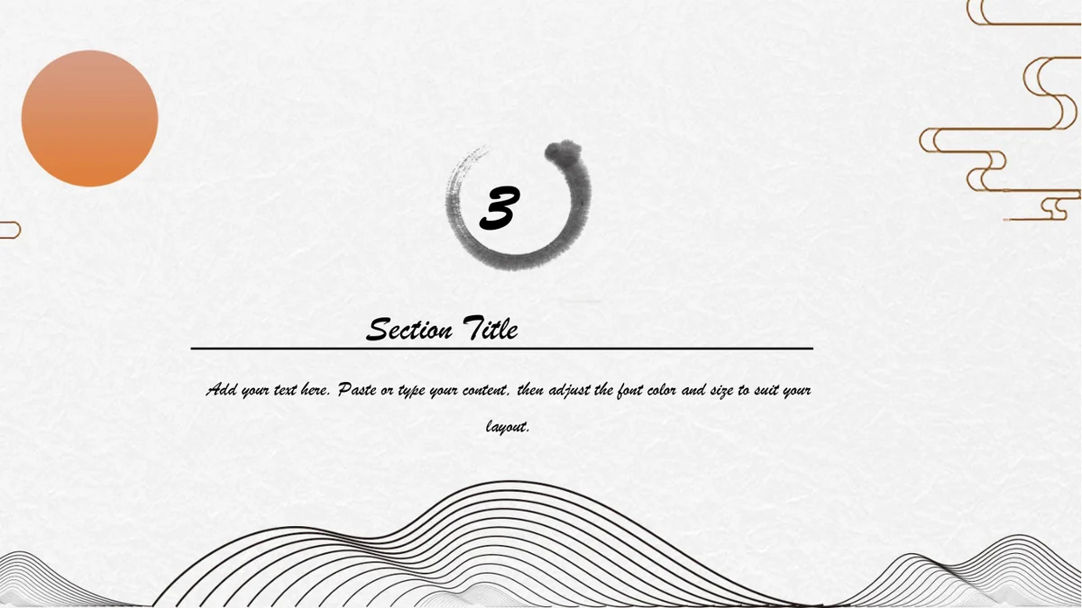 일출 수묵 풍경 프레젠테이션 템플릿 — 슬라이드 8: 3 붓 고리 아래에 Section Title, 검은 선과 영어 안내가 있습니다.