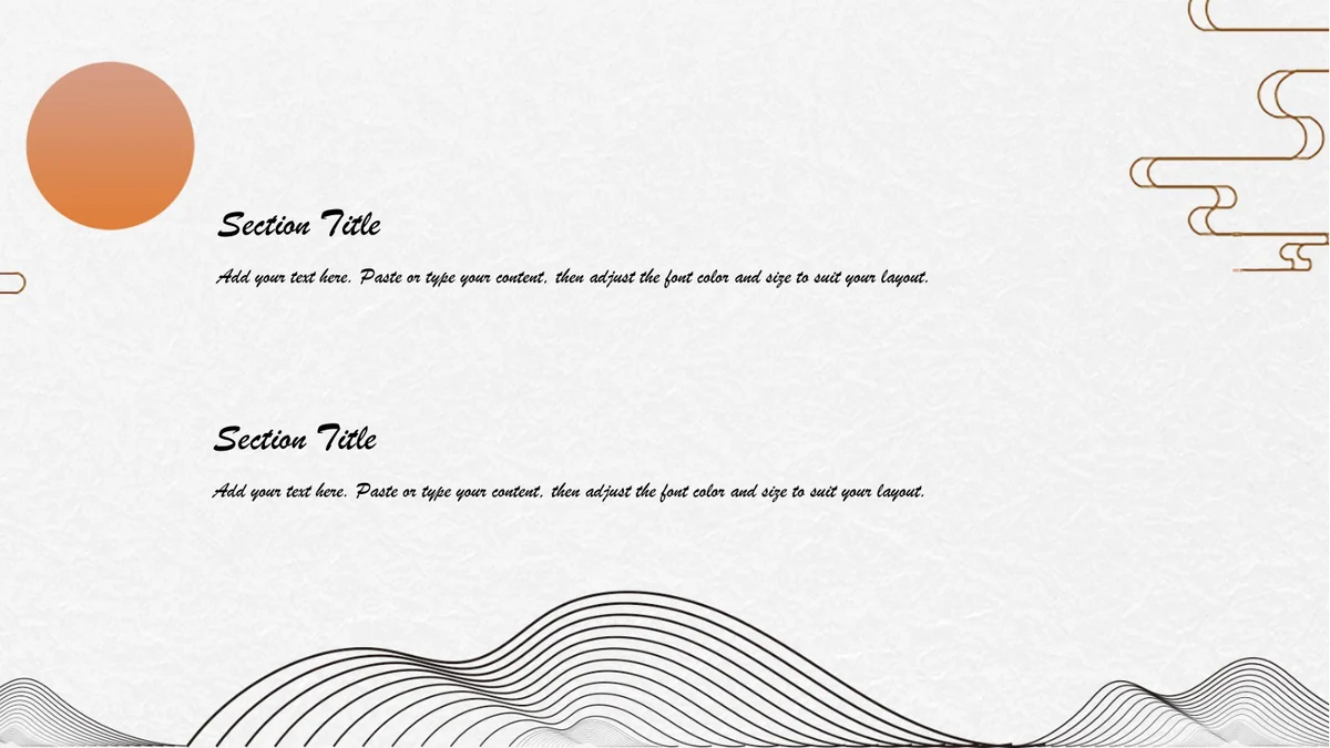 일출 수묵 풍경 프레젠테이션 템플릿 — 슬라이드 10: 가로 Section Title 두 개와 안내가 패널 없이 위아래로 배치됩니다.