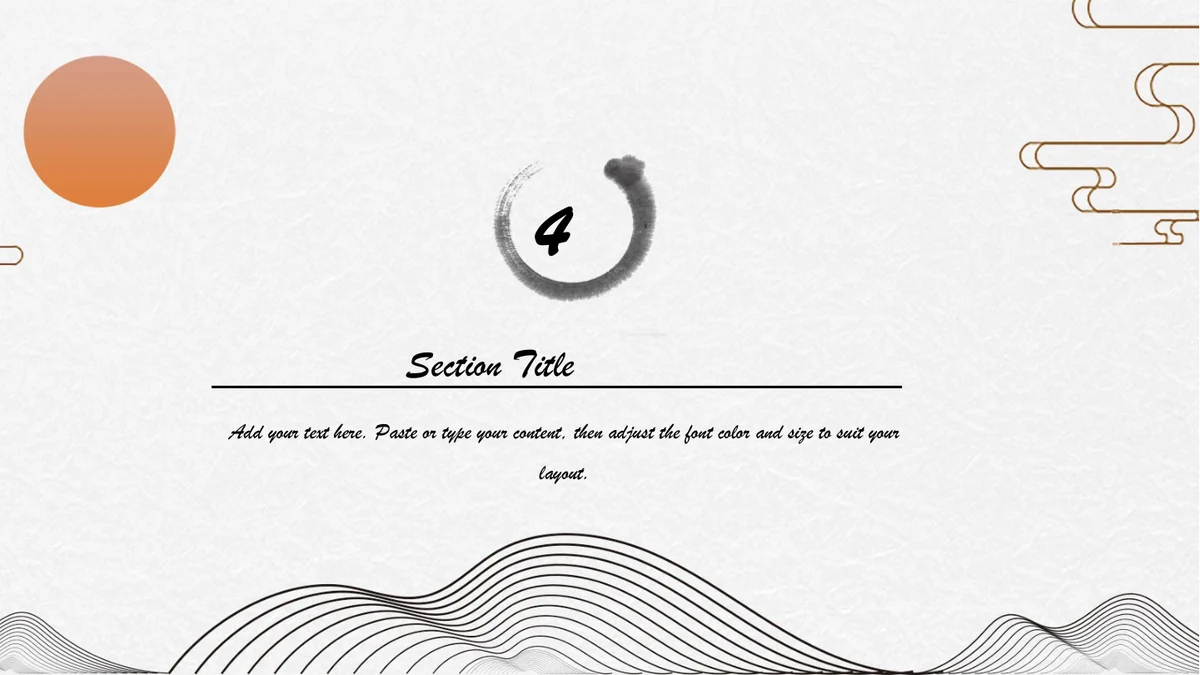 일출 수묵 풍경 프레젠테이션 템플릿 — 슬라이드 11: 마지막 붓 고리에 4가 있고 아래에는 Section Title, 가로 선과 영어 안내가 있습니다.