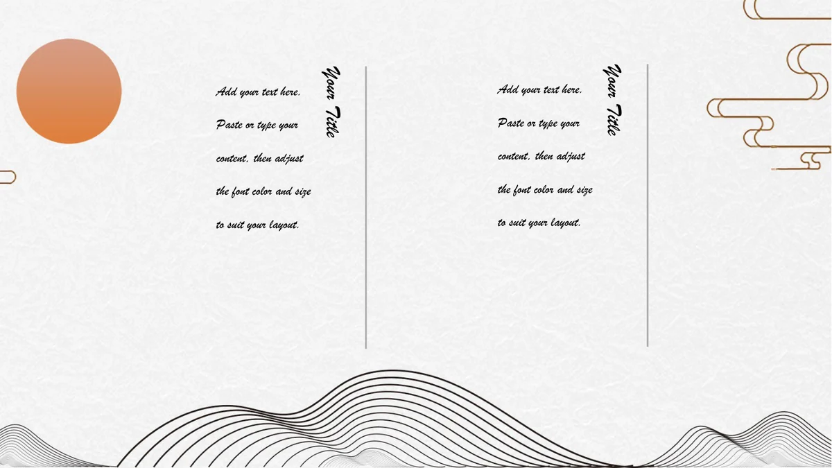 일출 수묵 풍경 프레젠테이션 템플릿 — 슬라이드 12: 가로 영어 메모 두 블록 옆에 회전한 Your Title과 회색 세로 선이 있습니다.