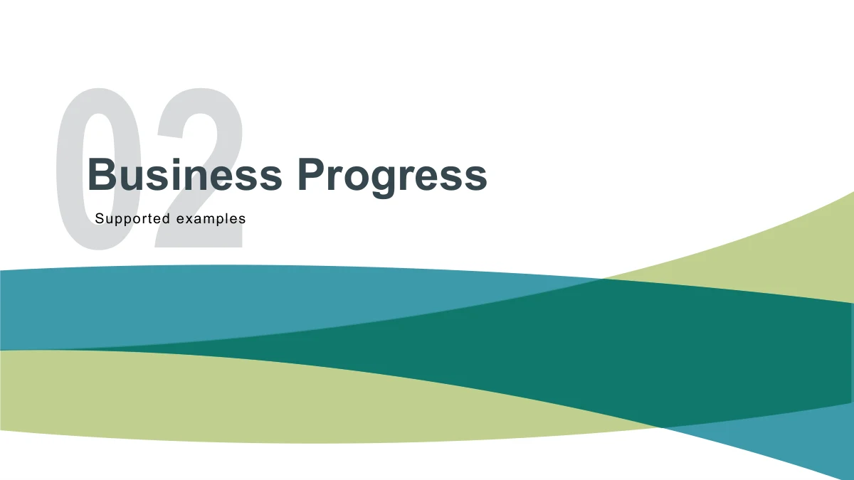 青綠與淺黃綠工作回顧簡報模板 — 灰色大號02襯在Business Progress後，下方為疊加波帶。