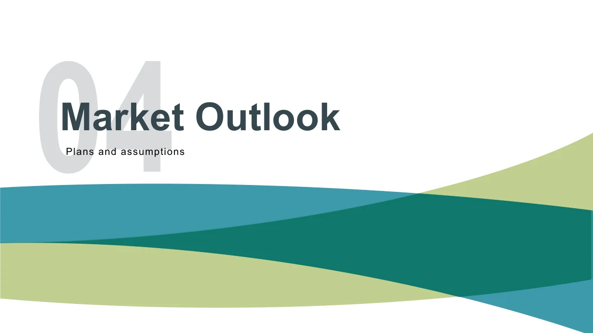 青綠與淺黃綠工作回顧簡報模板 — 灰色大號04襯在Market Outlook後，下方為青綠與淺黃綠波帶。