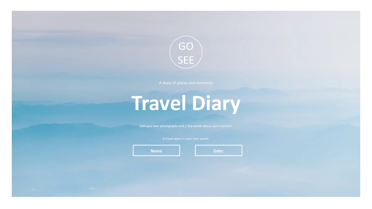 청록색 프레임 여행 일기 프레젠테이션 템플릿: 희미한 푸른 산에 흰 원과 Travel Diary 제목을 얹은 표지