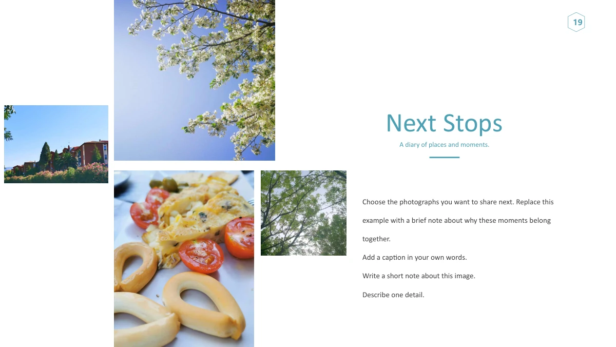 청록색 프레임 여행 일기 프레젠테이션 템플릿: 건물, 꽃, 식사와 나무 사진 옆의 Next Stops 메모