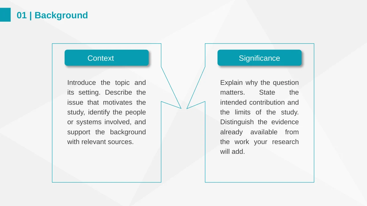 Two outlined cards compare the research context and its significance.