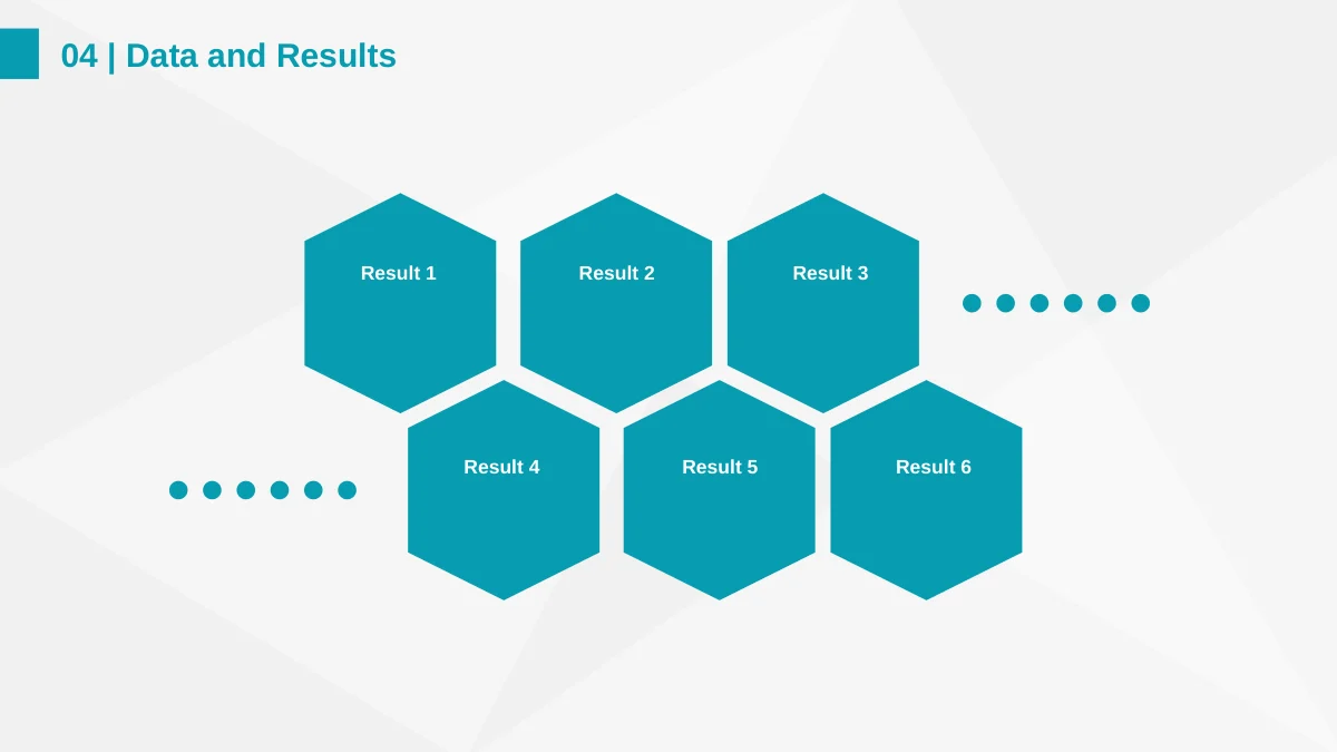 Six teal hexagons labeled Result 1 to Result 6 sit between dotted accents.