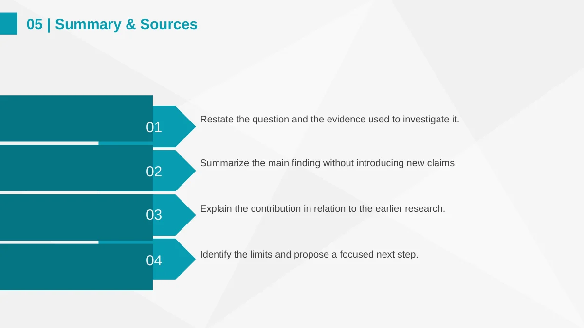 Four numbered teal arrows introduce four summary statements.
