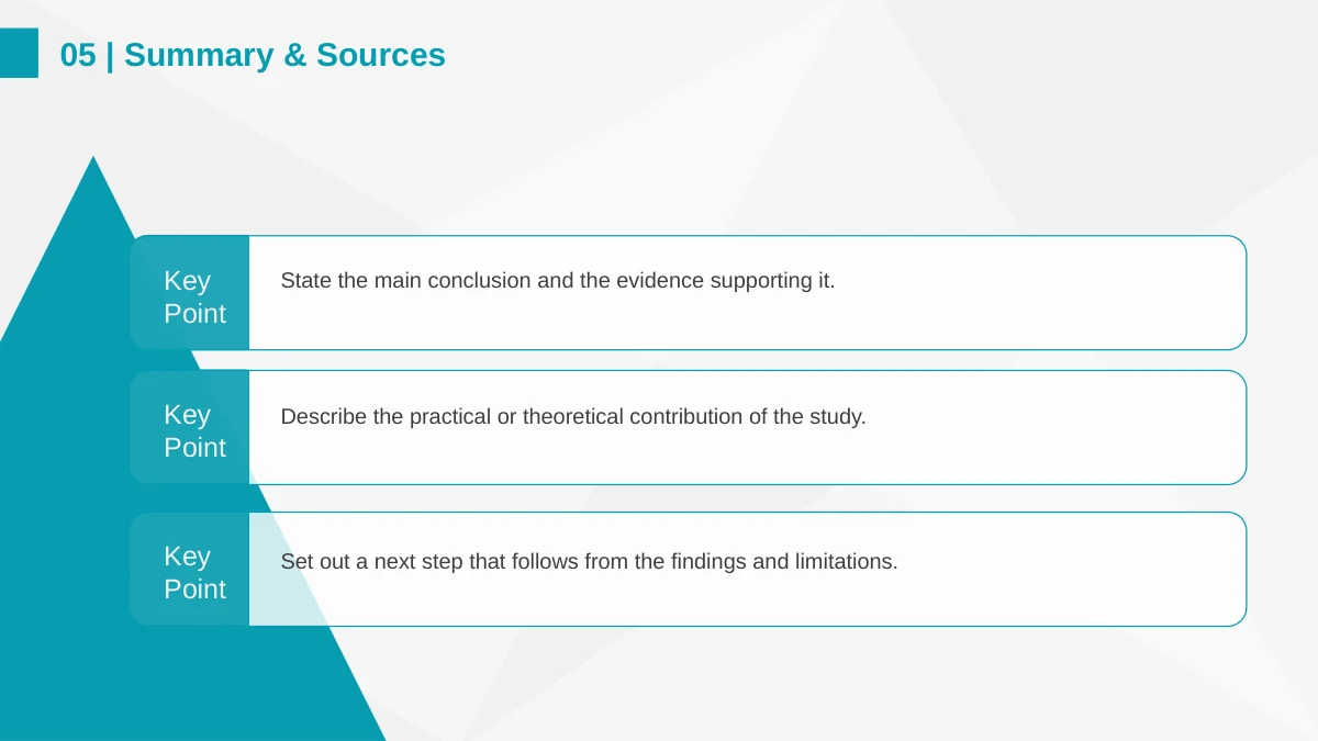 A large teal triangle accompanies three rounded horizontal conclusion bars.