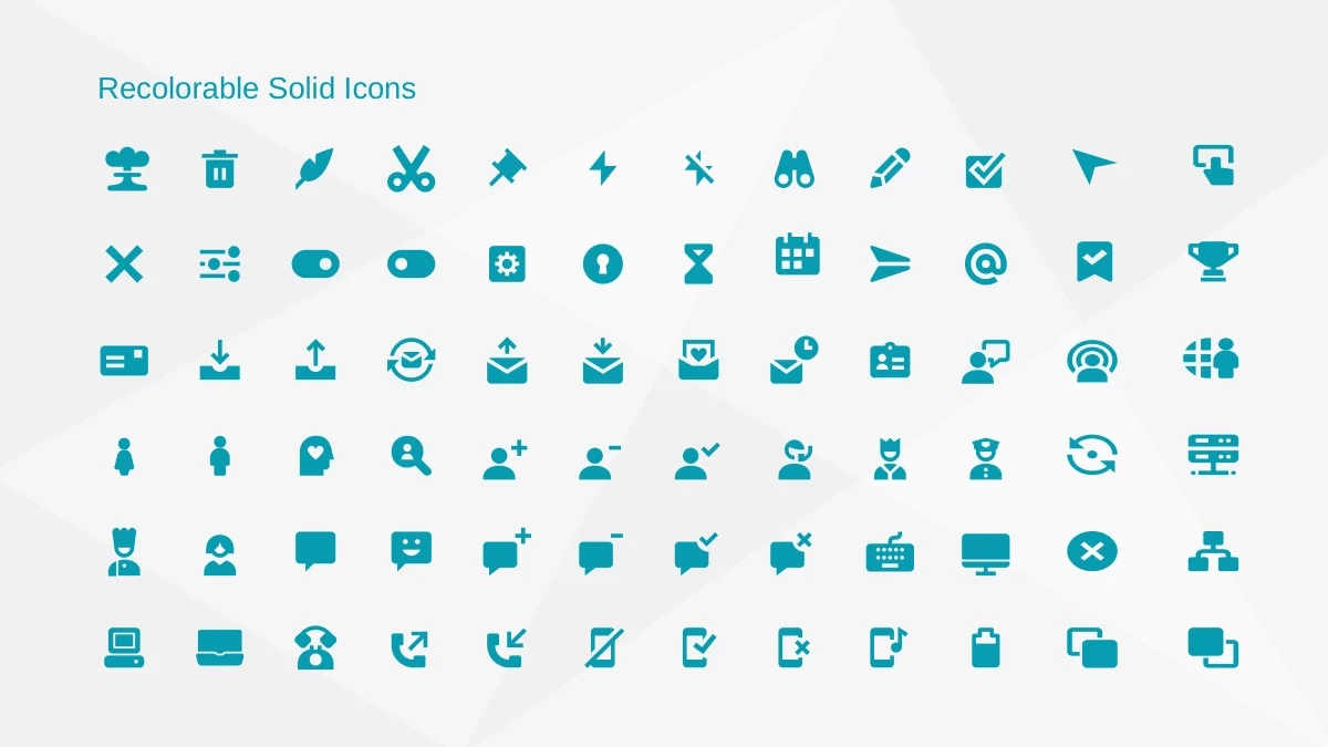 Rows of solid teal vector icons fill the final appendix page.