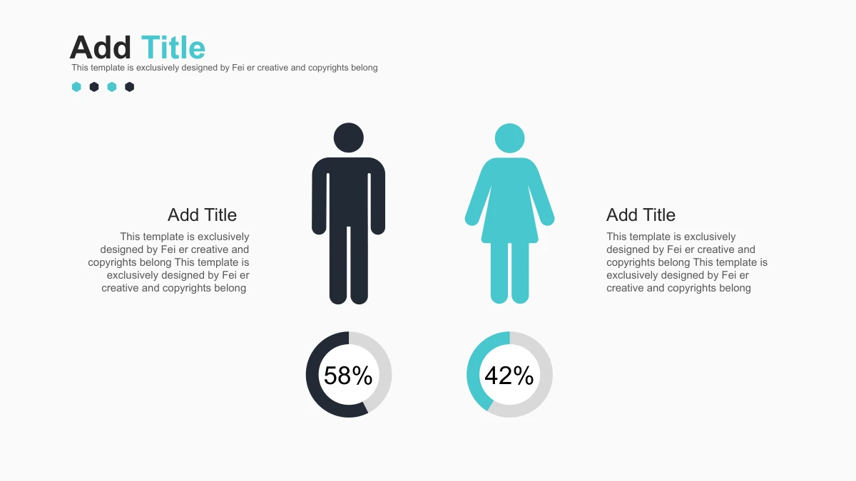 Modèle de présentation Entreprise en hexagones turquoise: 13. Les symboles de personnes d'origine sont placés au-dessus d'anneaux disposés manuellement et marqués 58% et 42%, avec des titres modifiables et le texte source.