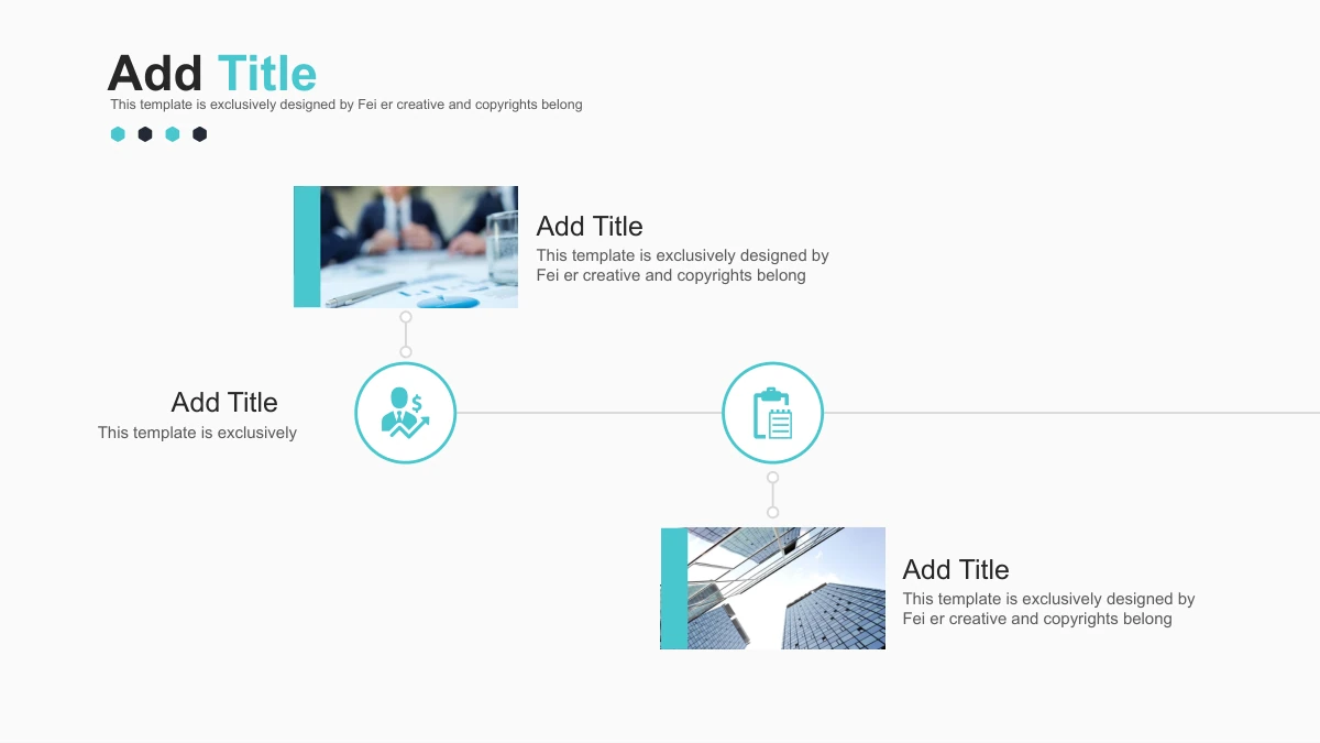Modèle de présentation Entreprise en hexagones turquoise: 21. Deux photos d'origine, professionnelle et architecturale, se relient à une ligne horizontale par les icônes de personne et croissance et de presse-papiers, avec des titres modifiables.