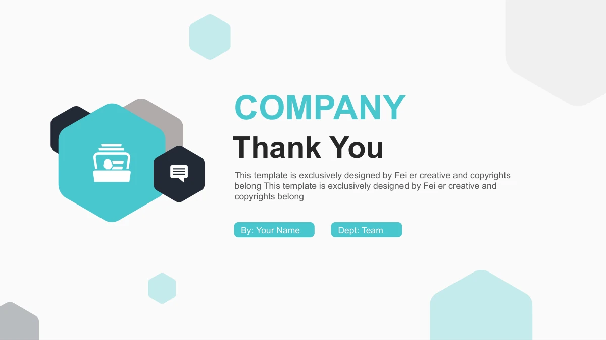 Modèle de présentation Entreprise en hexagones turquoise: 24. La dernière page reprend les hexagones et icônes de bureau de la couverture, avec Thank You en anglais, des champs génériques de présentateur et le crédit du design d'origine.