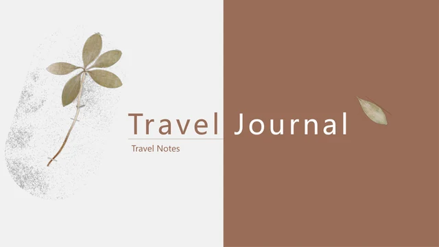 Modelo de Apresentação Diário de Viagem — Um ramo seco e uma folha emolduram Travel Journal entre painéis brancos e marrons, com o subtítulo Travel Notes.