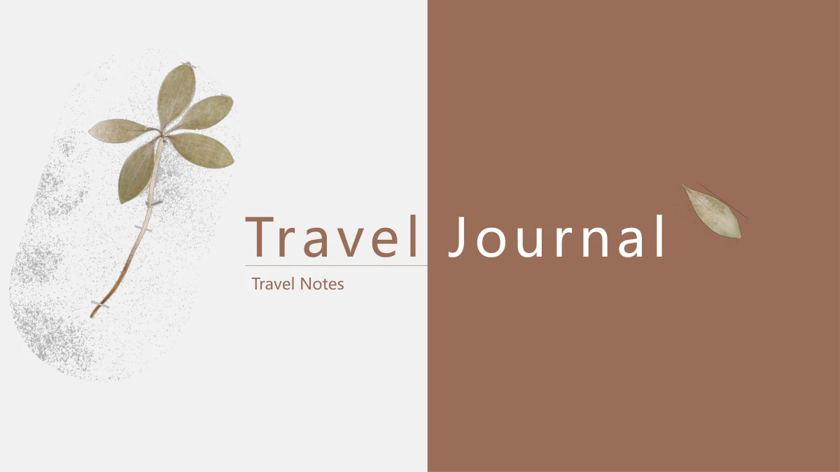 Modelo de Apresentação Diário de Viagem — Um ramo seco e uma folha emolduram Travel Journal entre painéis brancos e marrons, com o subtítulo Travel Notes.